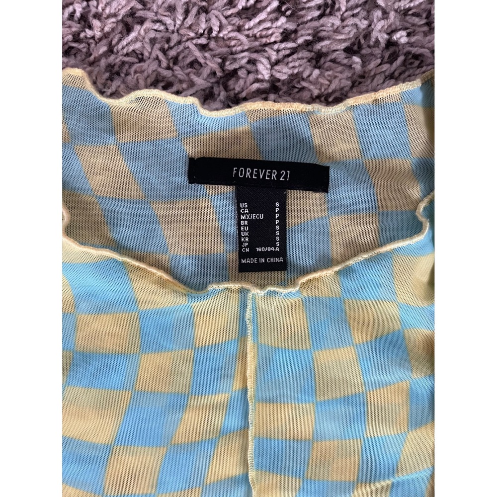 Forever 21 Women Yellow Blue Warped Checkerboard Mesh Long Sleeve Top Small - Picture 4 of 6
